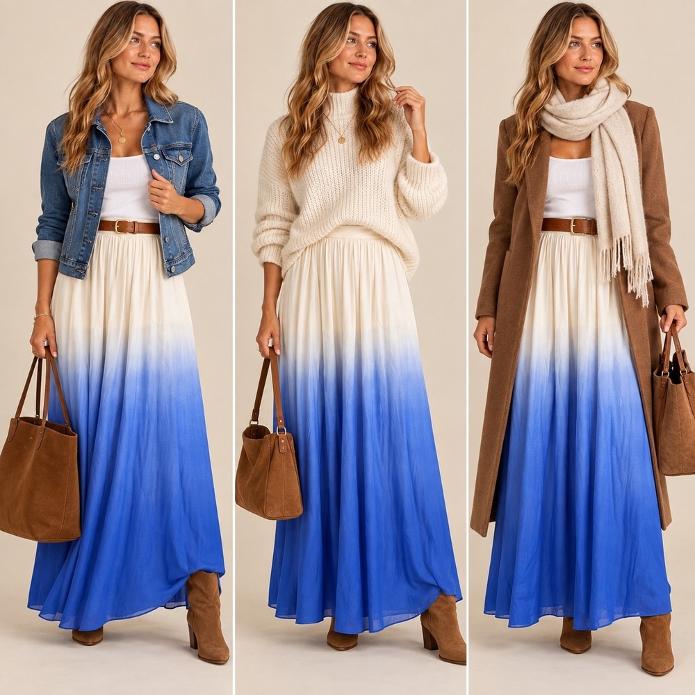 Teresa for Eloquii Silk Ombre Maxi Skirt Blue Cream Tie Waist Plus Size 14